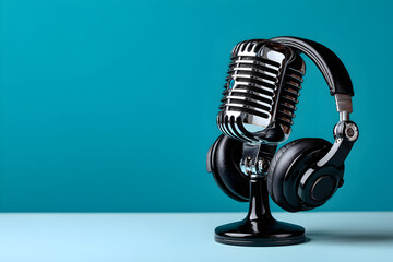 Vintage microphone with headphones resting on it against a vibrant blue backdrop, creating a sense of audio recording and broadcasting.