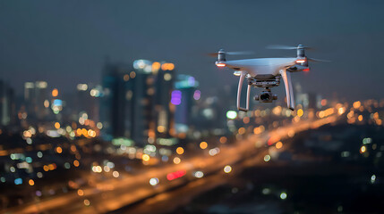 Drone Hovering Over Illuminated Cityscape at Night