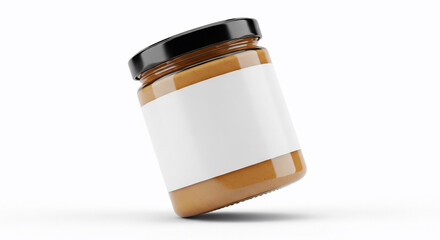Close-up of a peanut butter jar mockup with a blank label. Food product presentation on a white background