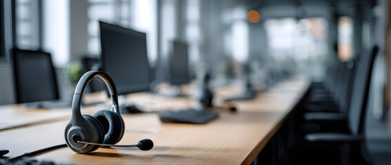Headset sits on desk in empty call center office, representing quiet time and the absence of activity in the workplace, creating a somber mood.
