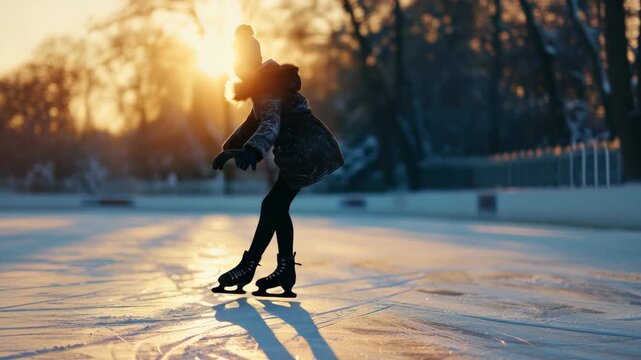 Young girl enjoys ice skating on frozen pond during winter sunset.