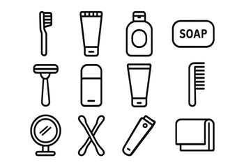 Toiletries Icon Set. Outline icon set of organizing toiletries station: toothbrush, toothpaste, shampoo bottle, soap bar, razor,