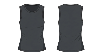 Dark grey sleeveless tank top flat lay technical drawing, front and back views isolated on a white background