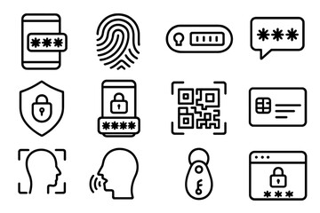 Two-Factor Authentication Icons. Outline icon set of two-factor authentication: mobile phone with code, fingerprint login,
