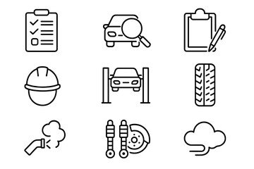 Vehicle Inspection Icons. Outline icon set of vehicle inspections: checklist, magnifying glass on car, inspection stamp, clipboard