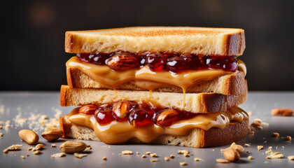 A Sandwich With Peanut Butter And Jelly Is Stacked On Top Of Another Sandwich The Sandwich Is Covered In Nuts And Has A Messy Appearance