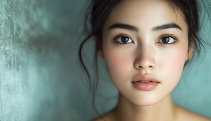 Naklejka premium Beautiful Asian Lady In The Bathroom, Exuding Charm And Allure. Her Looks Are Captivating And She Radiates A Sense Of Grace.