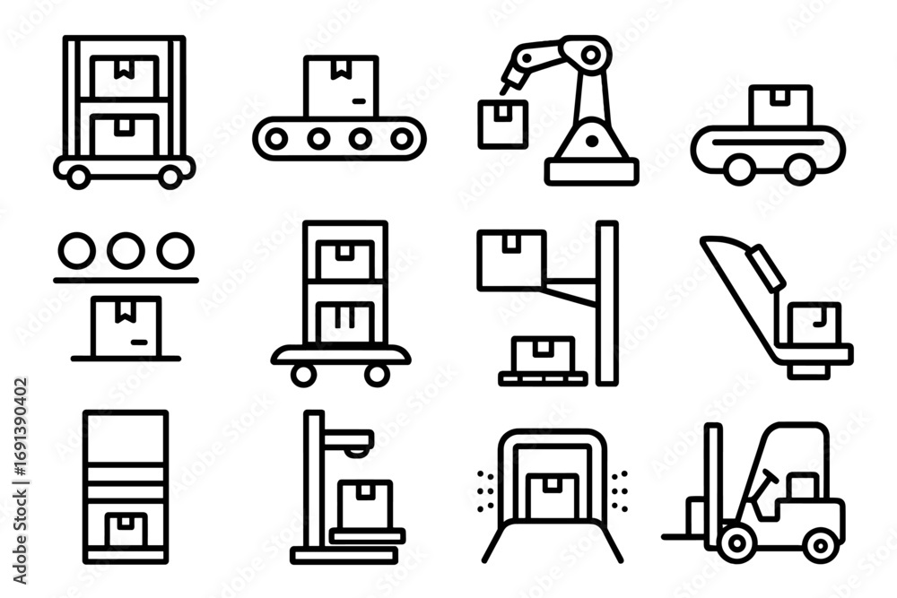Aufkleber warehouse automation icons. outline icon set of warehouse automation systems: automated storage shut
