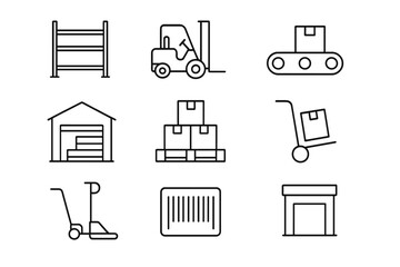 Warehouse Icons Grid. Outline icon set of warehousing and storage: pallet rack, forklift, conveyor belt, warehouse building,