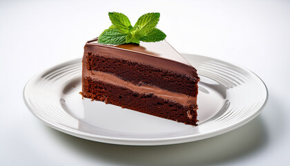 Delicious Slice Of Rich Chocolate Cake With Smooth Frosting And A Fresh Mint Leaf Sits Centered On A Clean White Plate Isolated On A Pure Background