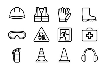 Warehouse Safety Icons. Outline icon set of Warehouse safety equipment: safety helmet, high-visibility vest, safety gloves, safety