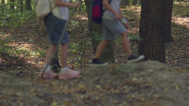 Two children are seen walking on a path in a forest. They are wearing casual clothes and carrying backpacks.