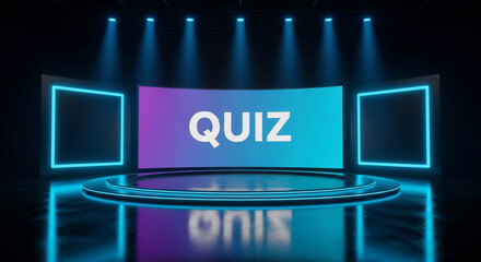 Modern quiz show stage with a vibrant "QUIZ" screen and glowing neon displays