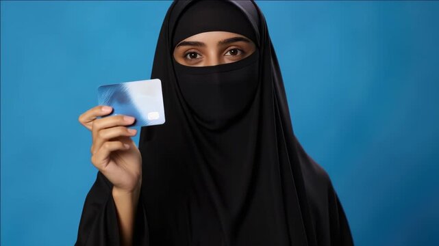 Modern woman in hijab using a card