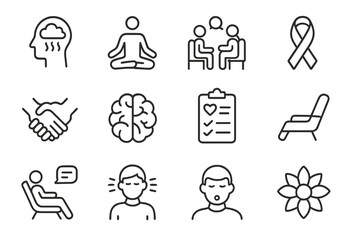 Workplace Wellness Icons. Outline icon set of workplace mental health support: stress relief icon, meditation pose, employee