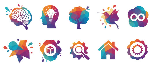 A set of ten colorful, abstract polygonal icons representing various concepts like creativity, nature, and technology.