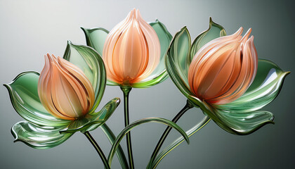 Three Dimensional Fresh Green And Peach Glass Buds Art Piece