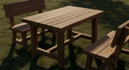 Rustic wooden picnic table and benches on a vibrant green lawn. Warm sunlight accentuates wood texture, casting soft shadows