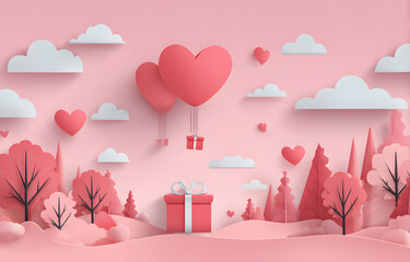 Pink landscape features heart shaped balloons floating above a gift box surrounded by paper cut trees and clouds, creating a romantic and whimsical scene.