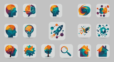 Fototapeta premium A collection of modern, colorful, geometric icons representing concepts like innovation, science, technology, and nature on a gray background.