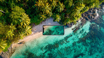 Aerial View of a Tropical Island with Clear Turquoise Waters and Lush Green Vegetation