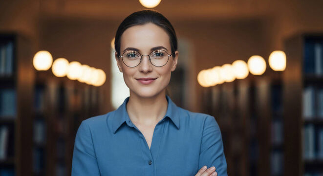 Smiling professional woman wearing glasses in a library setting. Portrait of a confident and intelligent female academic or librarian