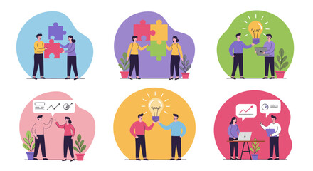 A collection of six flat vector illustrations depicting business teamwork, collaboration, problem-solving, and sharing creative ideas.