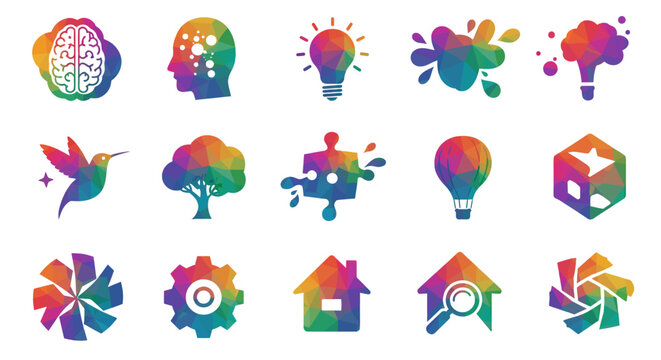 A collection of fifteen colorful, low-poly style icons representing creativity, nature, technology, and home concepts.