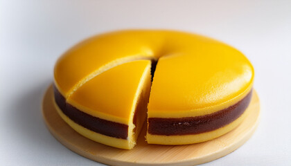 Yellow Round Cake With Soft Texture And Dark Red Bean Paste Filling One Whole And One Cut In Half Showing Smooth Center