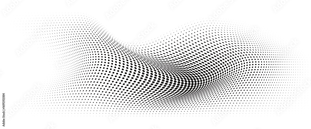Poster flowing wave dot halftone pattern: curve gradient shape on transparent background. suitable for ai, 