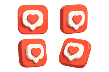 3D social media like icon set. Heart notification symbol for web and app design. Vector cartoon render illustration of love emoji message, different angles on white background.