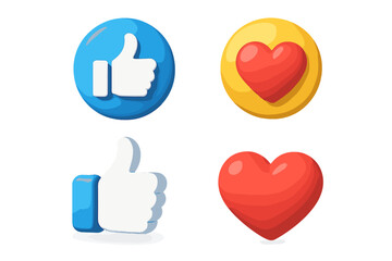 3D social media reaction icons set. Like button, thumbs up, and love heart emoji in various views. Realistic vector cartoon illustration for web, app, and notifications.