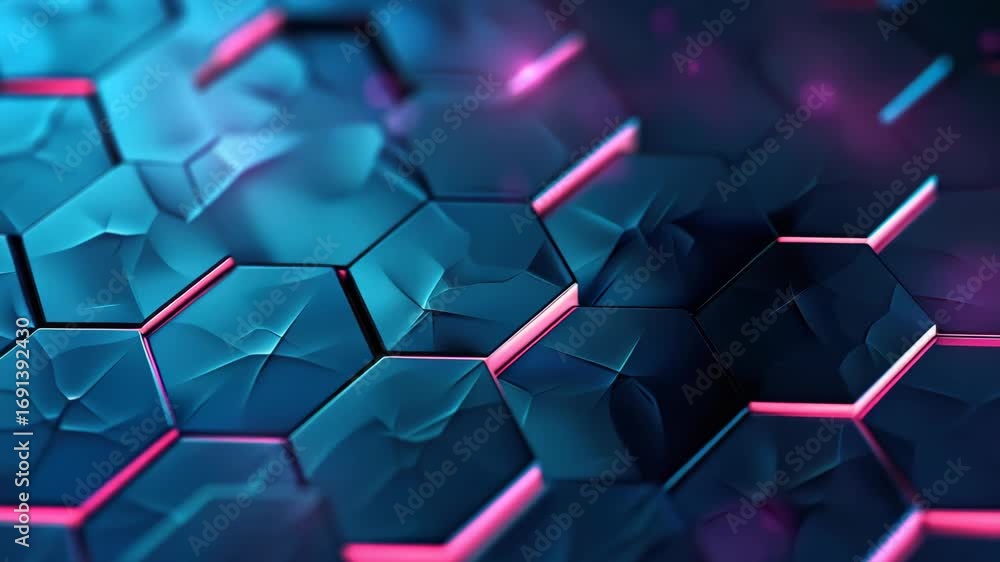 Poster a blue and pink background with a pattern of hexagons. the hexagons are of varying sizes and are arr