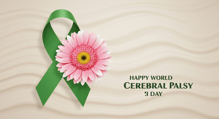A vibrant graphic displays a green awareness ribbon adorned with a beautiful pink gerbera daisy