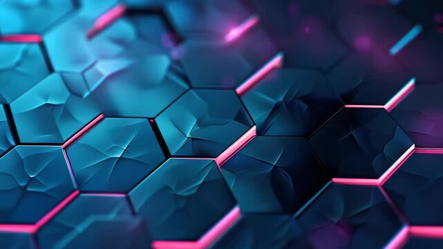 A blue and pink background with a pattern of hexagons. The hexagons are of varying sizes and are arranged in a way that creates a visually interesting and dynamic composition