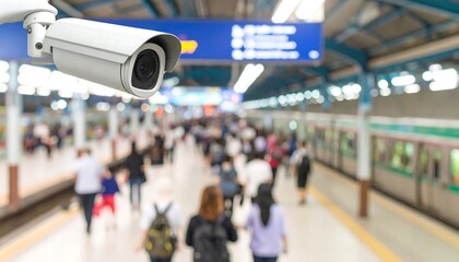 Fototapeta premium Security camera above crowded subway station