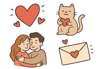 Valentine's Day cartoon vector set. Cute hand-drawn illustration collection. Features romantic couple hugging, a cat with a heart, and a love letter. Elements for a love celebration.