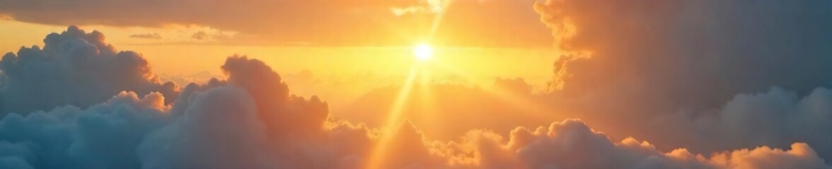 Fototapeta premium Golden sunbeams pierce through gaps in fluffy clouds, casting a radiant light on a serene landscape Perfect for nature, weather, and inspirational projects , background, calm