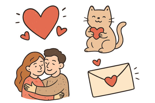 Valentine's Day cartoon vector set. Cute hand-drawn illustration collection. Features romantic couple hugging, a cat with a heart, and a love letter. Elements for a love celebration. - Powered by Adobe