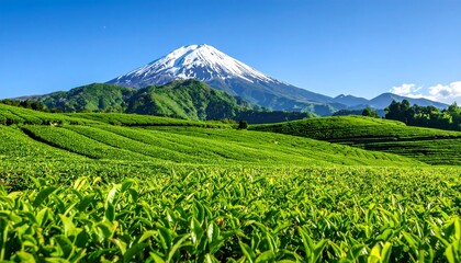 Fototapeta premium Lush tea fields with snowy mountain