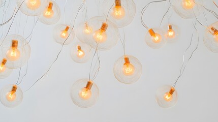 Warm light globes strung on transparent wire.