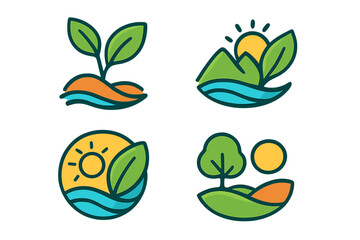 Collection of abstract nature logo designs. Vector cartoon illustration set. Eco friendly icons for branding. Environmental symbols with leaf, sun, water, and plant.
