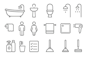 Bathroom and toilet thin line icon set. Vector outline symbols for hygiene, restroom, and personal care. Includes pictogram, furniture, and cleaning tools for web design.