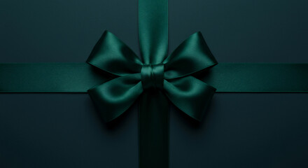 Close-up of a sleek dark green satin ribbon and bow, creating a sophisticated and elegant gift presentation