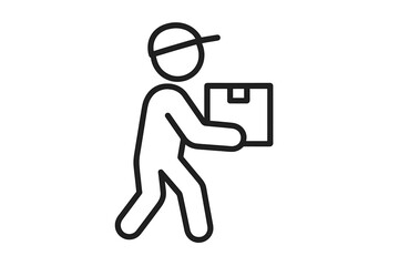 Courier icon holding a parcel. Delivery man carrying a box. Symbol for shipping service, logistics, moving, and distribution. E-commerce order fulfillment & package concept.