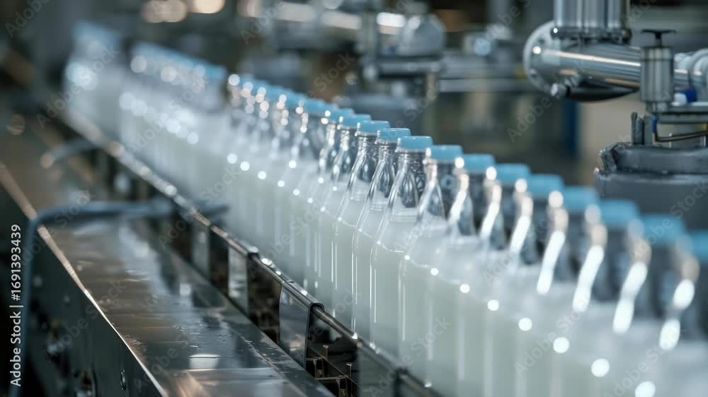 Poster milk bottling machine on an assembly line in a dairy factory