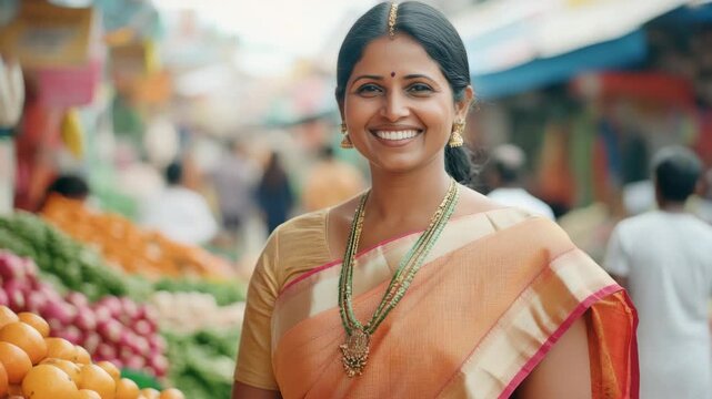 A cheerful Indian lady at a bustling fruit and vegetable market, showcasing her culture and the lively atmosphere of outdoor markets.