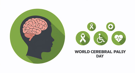 Conceptual illustration for World Cerebral Palsy Day. Includes brain, ribbons, wheelchair icon and heart rate symbol