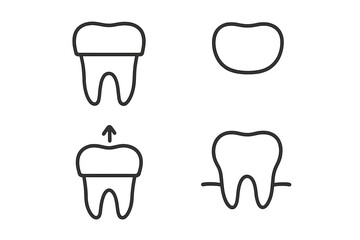 Dental crown installation procedure icon set. Tooth restoration and implant pictogram. Dentistry, stomatology, and oral care concept. Minimal linear vector illustration.