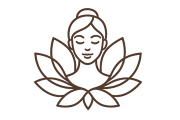 Elegant linear lotus flower and serene woman face logo design for beauty spa and wellness center, vector illustration with transparent background, calm and peaceful concept